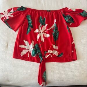 Promesa - Women’s Off The Shoulder, Tie Front Blouse, Sz L., Red, White, Grn NWT